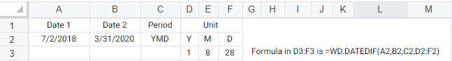 WD.DATEDIF-Beispiel mit Bereich f&uuml;r das Argument &bdquo;Unit&ldquo;.