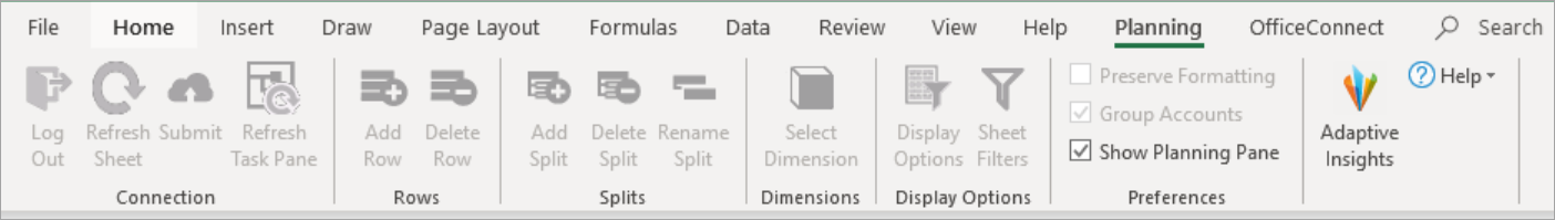 Excel Interface for Planning ribbon