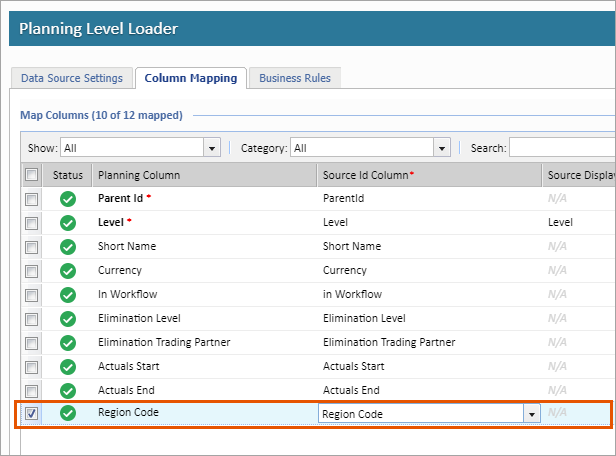 Dimensions-Planning-Loader&nbsp;&ndash; Attribut&nbsp;&ndash; Spalten-Mapping