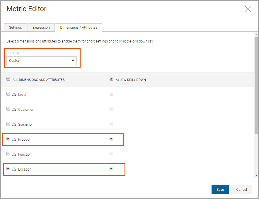 Ficha Dimensiones y atributos en el editor de m&eacute;tricas