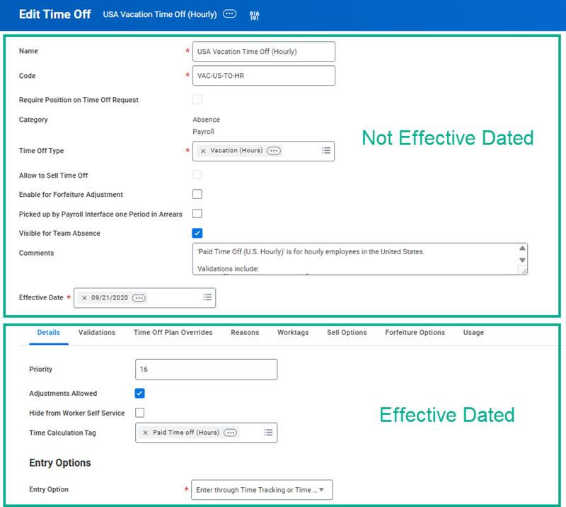 A screenshot of the Edit Time Off task. The fields are highlighted as described in the preceding text.