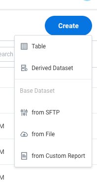Selecting the Create button provides selection options for Table, Derived Dataset, and various Base Dataset ingestion types.