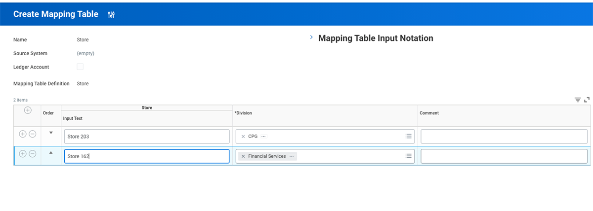 Screenshot of the Create Mapping Table grid maps input texts Store 203 and Store 162 to their respective CPG and Financial Services divisions