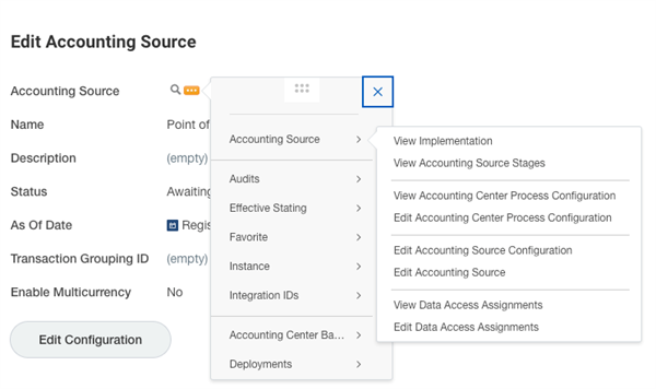 Screenshot of an expanded context menu on the Edit Accounting Source page shows administrative options like View Implementation and Edit Source.