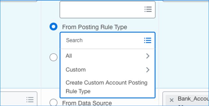 A dropdown menu under From Posting Rule Type displays options like Search, All, Custom, and Create Custom Account Posting Rule Type.