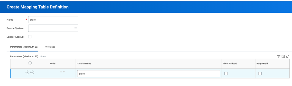 Screenshot of the Create Mapping Table Definition screen shows the Parameters tab with Store designated as the row's display name.