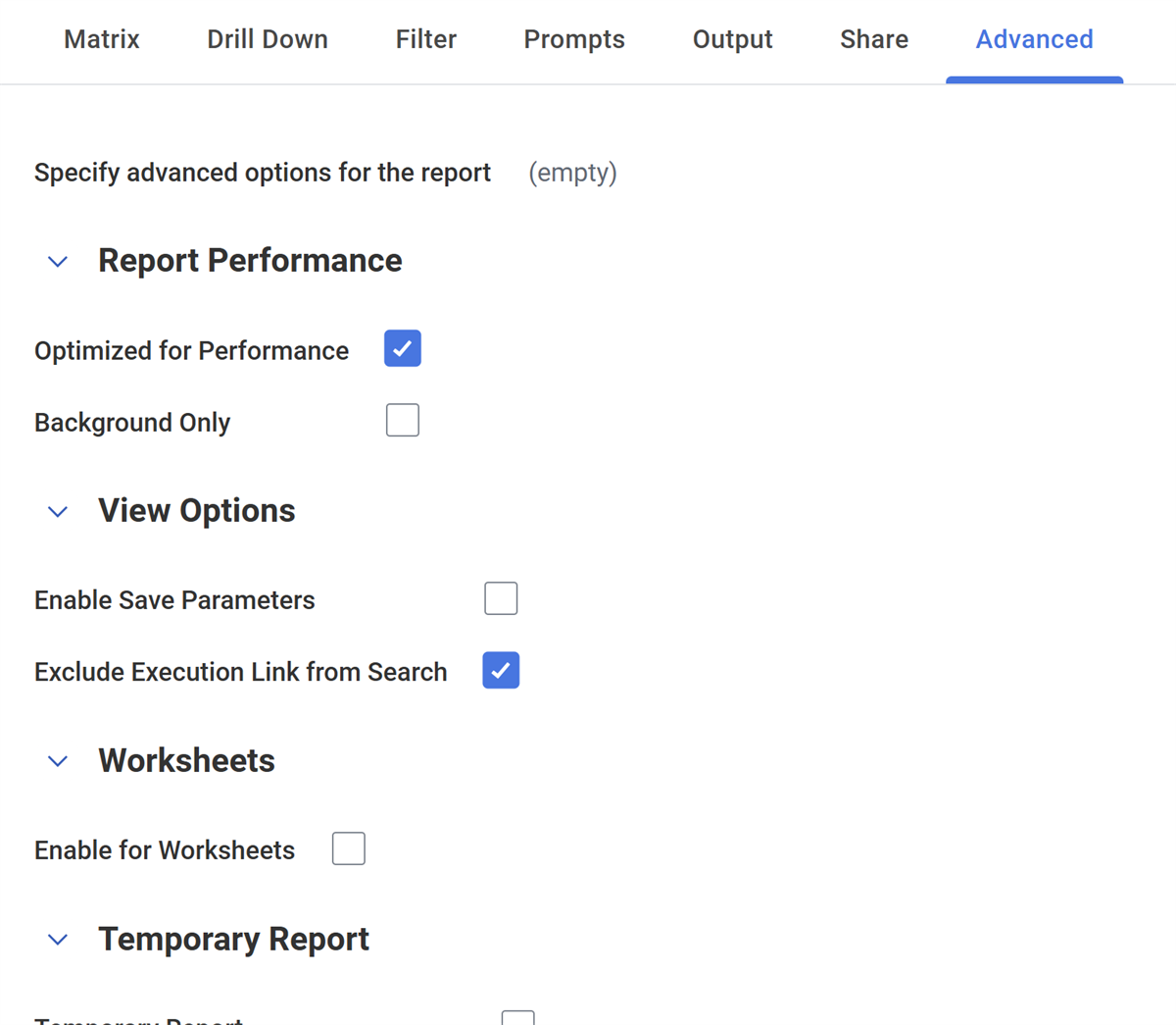 Screenshot showing the Exclude Execution Link from Search option in the Advanced tab.