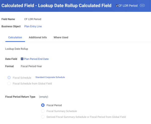 A screenshot showing the Lookup Date Rollup calculated field as described in this section.