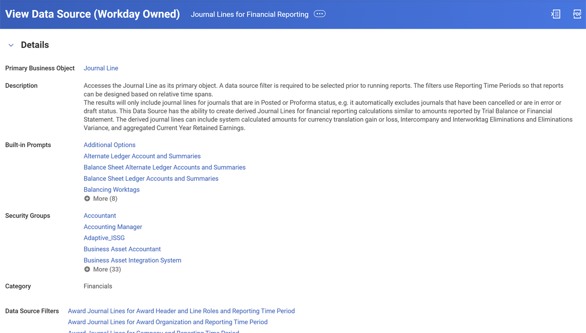 Screenshot showing the details of the Journal Lines for Financial Reporting data source. The details call out the security groups section.