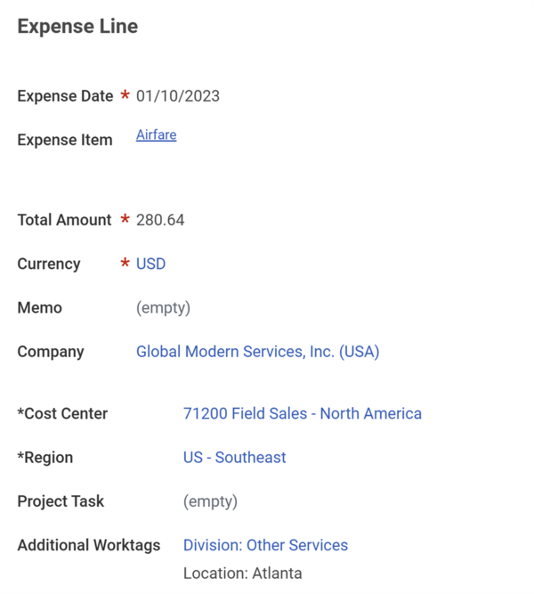 Annotated screenshot of Expense Line details. There is a highlight box around the fields *Cost Center: 71200 Field Sales - North America, *Region: Us - Southeast, Additional Worktags: Division: Other Services.