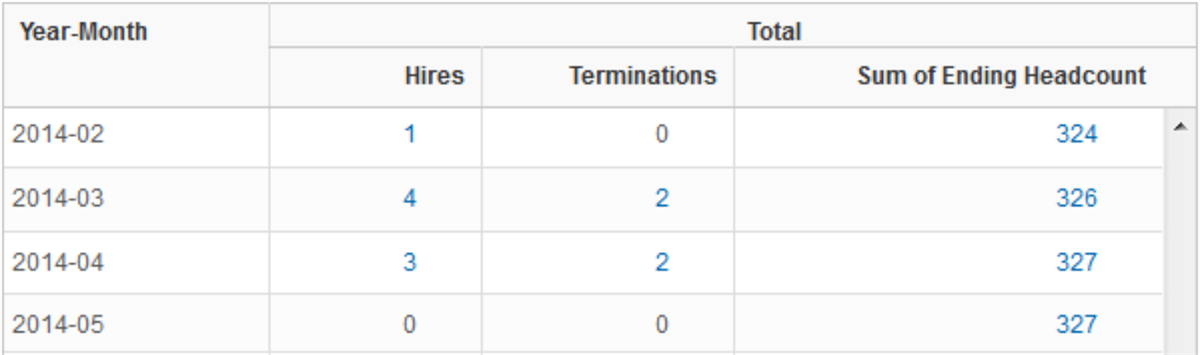 A data table displays monthly worker trends by year-month, showing clickable metrics for hires, terminations, and the sum of ending headcount.