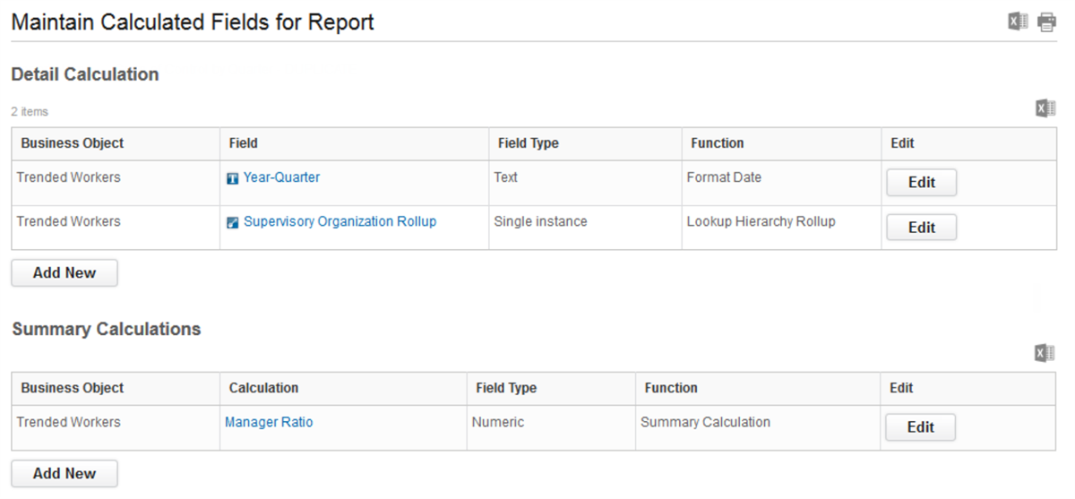 Screenshot of Maintain Calculated Fields for Report showing Detail and Summary tables with fields like Year-Quarter and options to edit.