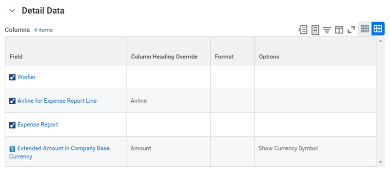 Detail Data configuration from the Drill Down tab in the report definition.