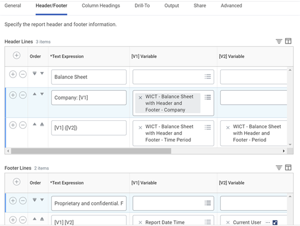 Screenshot of the Report Settings, header footer tab, showing custom header and footer configuration for the composite report. 