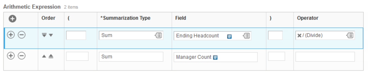 Screenshot of the Arithmetic Expression table uses two rows of fields and operators to divide the sum of Ending Headcount by the sum of Manager Count.