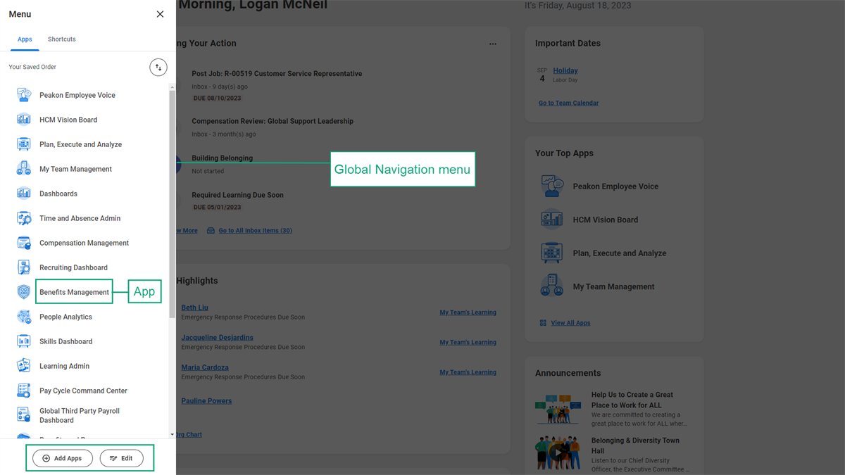 A screenshot of the expanded Global Navigation menu overlaying the dashboard, with the Benefits Management app displayed, and the Add Apps and Edit buttons.