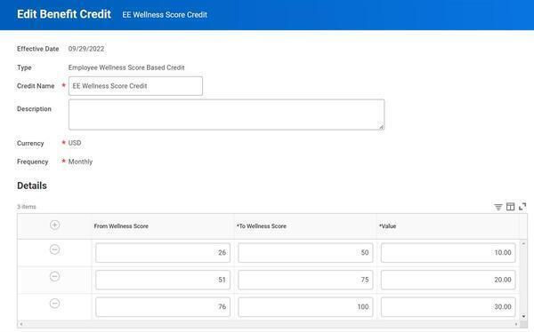 Screenshot of the Workday Edit Benefit Credit screen as described in the preceding text.