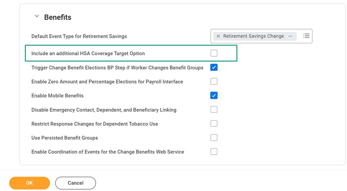 Screenshot of the Edit Tenant Setup - HCM task and the Include an additional HSA Coverage Target Option checkbox.