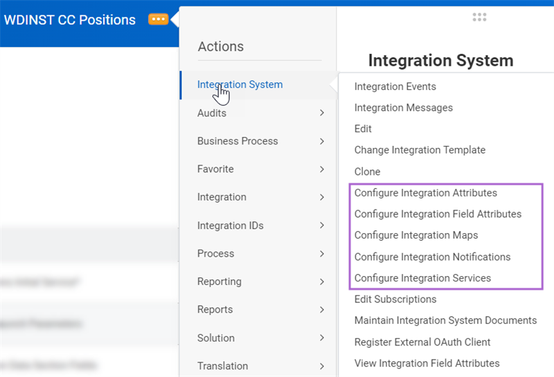Integration System configuration options in a report's Related Actions menu.