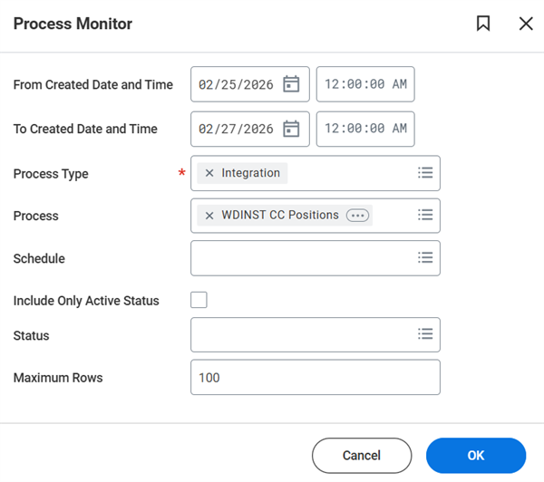 The required Process Type and optional Process prompt in the Process Monitor report.
