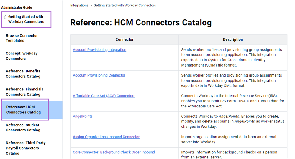 The Reference: HCM Connectors Catalog page in the Workday Community.