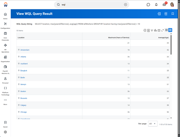 The View WQL Query Result task in the Workday tenant showing the results of the prior SELECT statement.