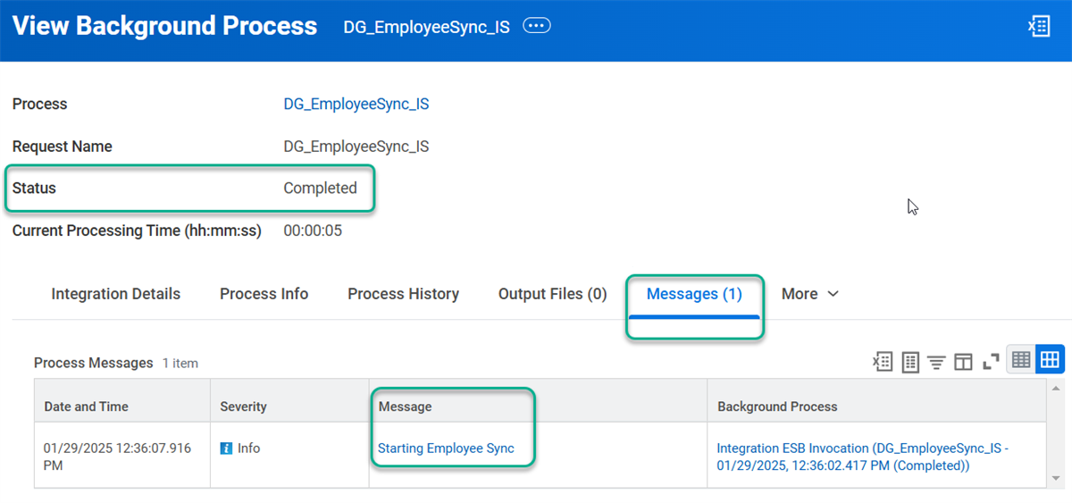 A successful test of your first orchestration is seen here in the integration event. You also see the message you added to the Add Integration Message step.