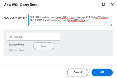 The View WQL Query Result task in the Workday tenant, with the user having entered a WQL SELECT statement.