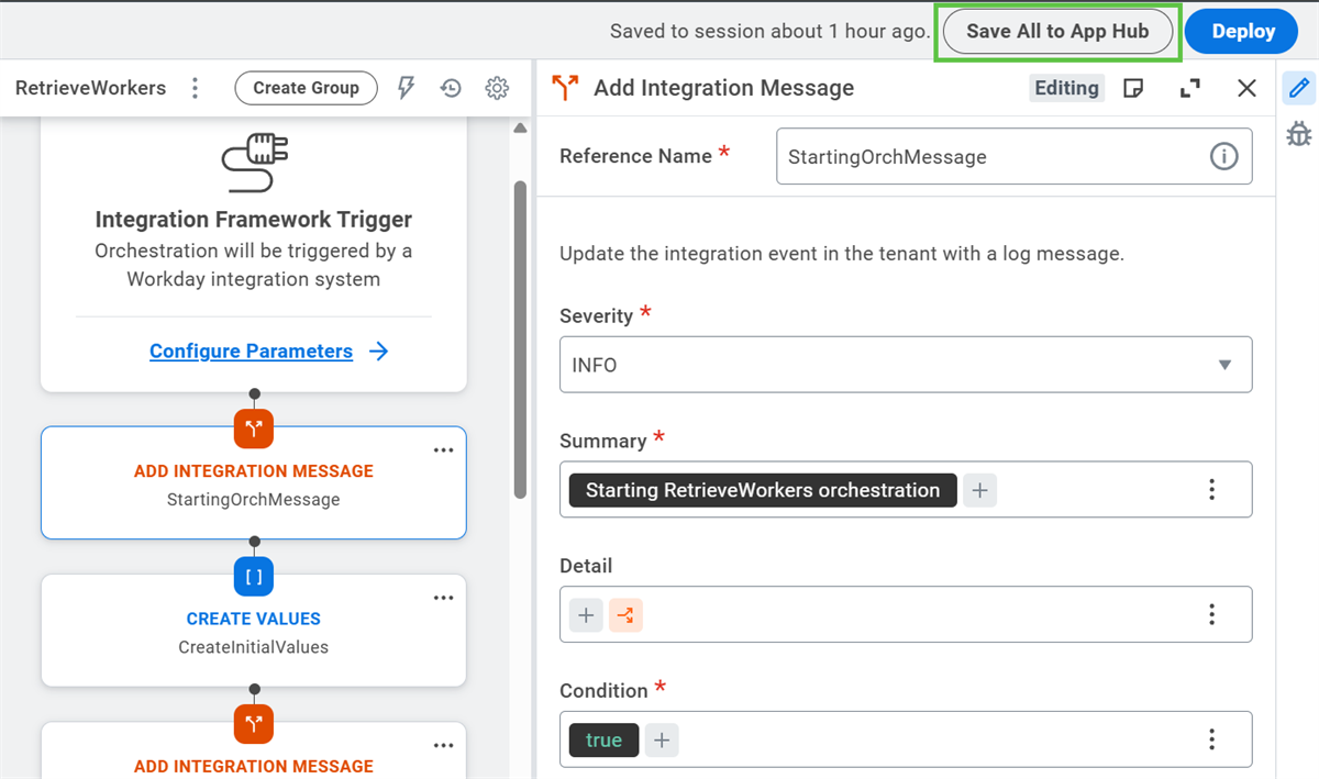 This picture displays the Save All to App Hub button that the developer selects once the orchestration is complete and all errors have been addressed.