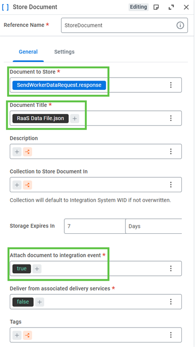 Store Document step configuration for RaaS activity. At minimum you need to define what data is being stored and a file name for the data. If you want the file to appear as output for the integration you need to make sure you attach the document to the integration event.