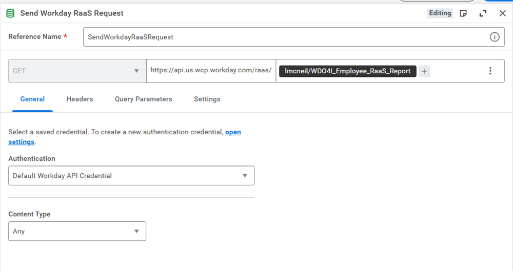 Configuring a RaaS Request step by adding the report owner and the report name to the URL.