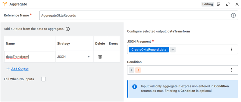 Configuring the aggregation for a loop by defining a name, a strategy, and a JSON Fragment.