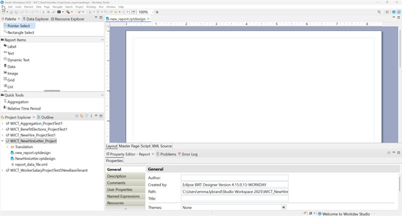 Screenshot of the report design workspace.