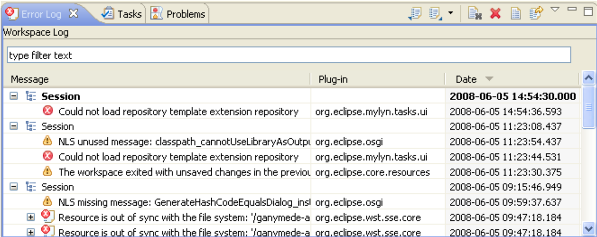 Screenshot of the Error Log view, displaying errors such as "Could not load repository template..."