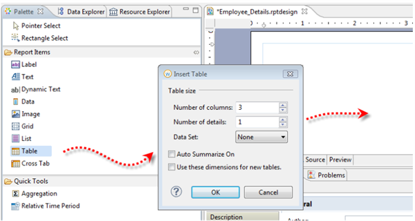 Screenshot of hte Palette view and the Insert Table option.