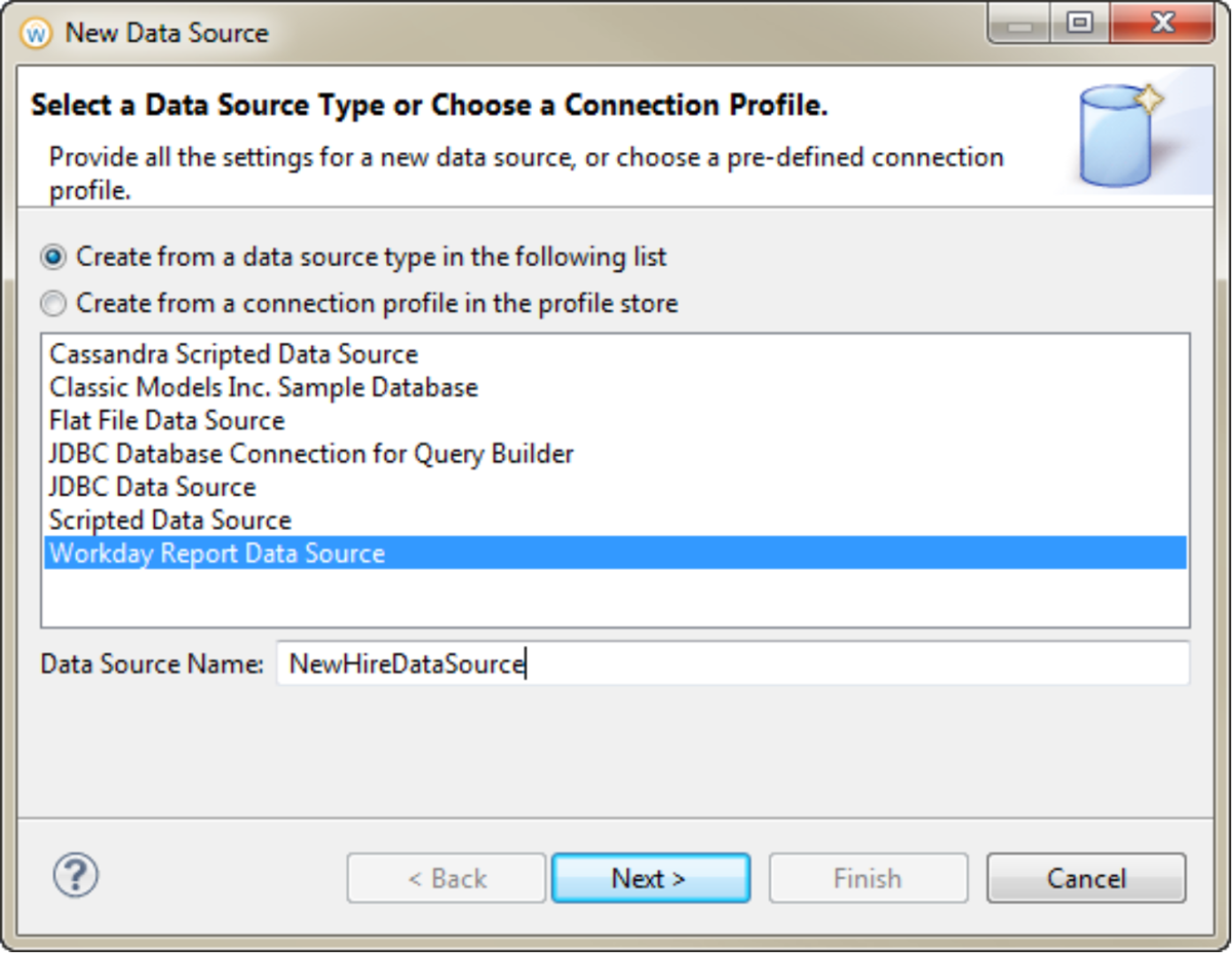 Screenshot of the New Data Source wizard, with the Workday Report Data Source option selected.