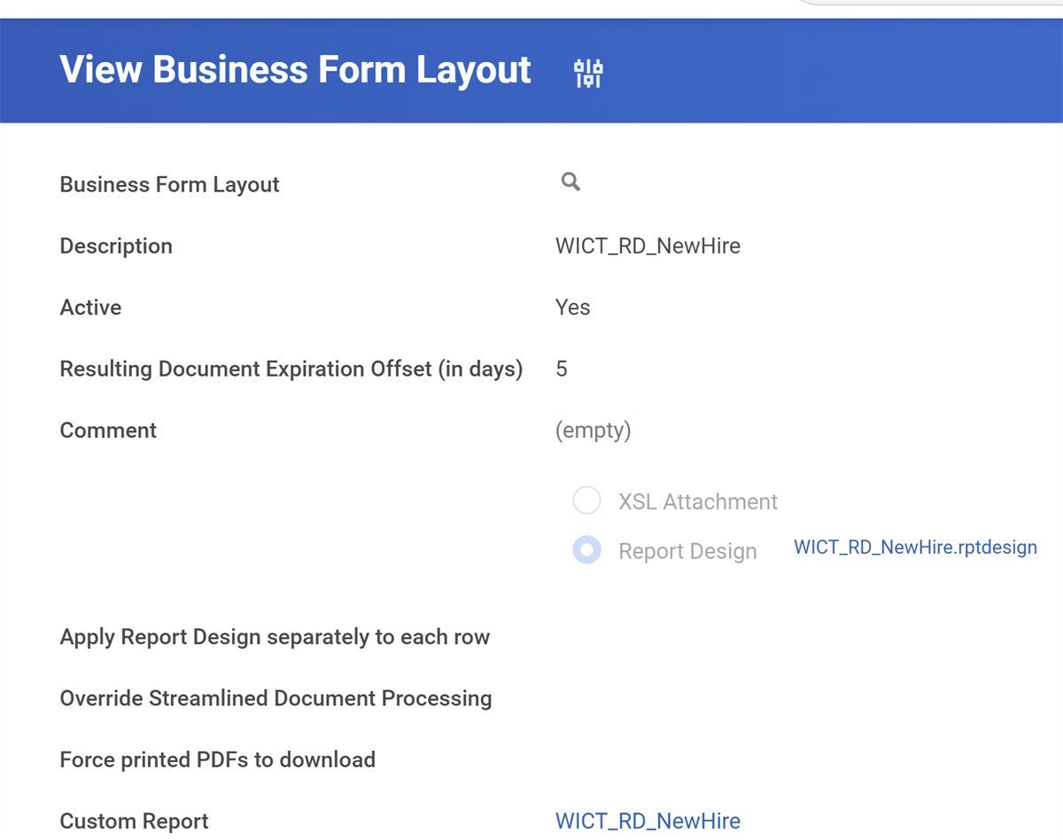 Screenshot of the View Business form Layout report.