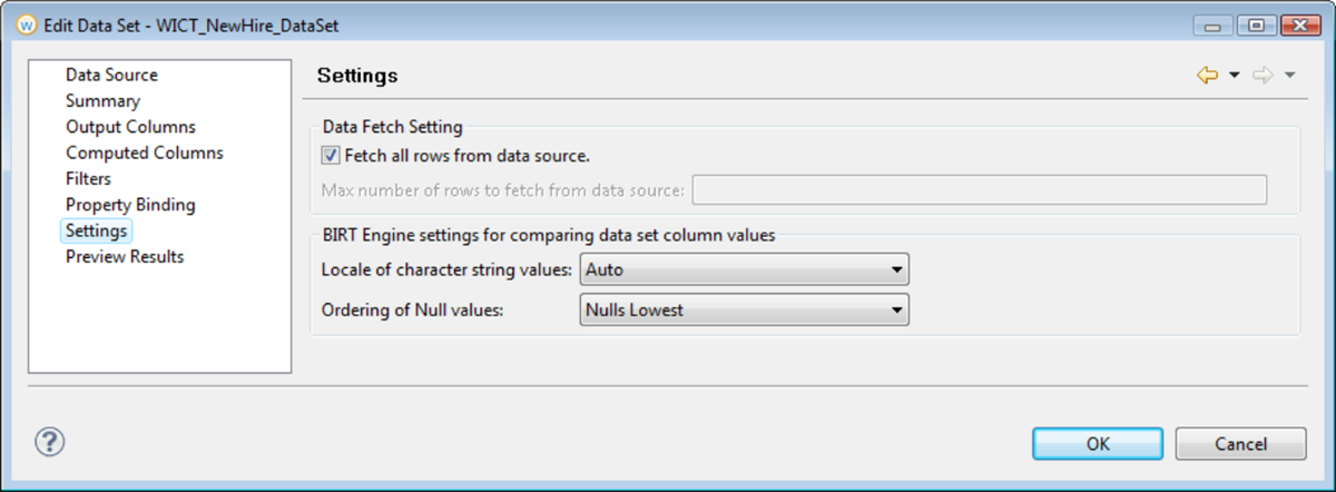 Screenshot of the Edit Data Set window with the Settings option selected.
