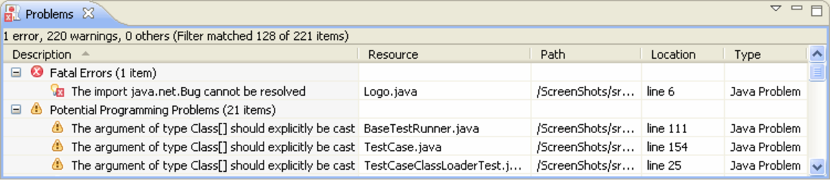 Screenshot of the Problems view, displaying fatal and potential issues.
