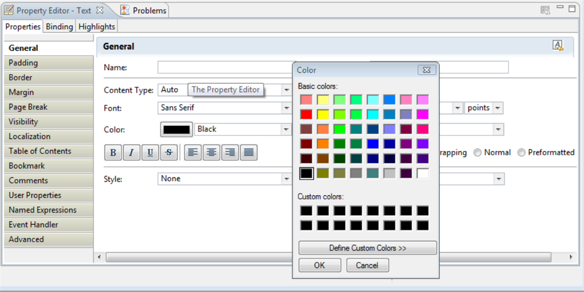 Screenshot of the Property Editor view, including font color selection options.