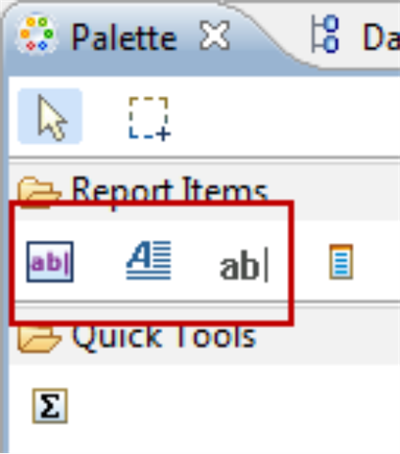 Screenshot of the Label, Text, and Dynamic Text options on the toolbar.