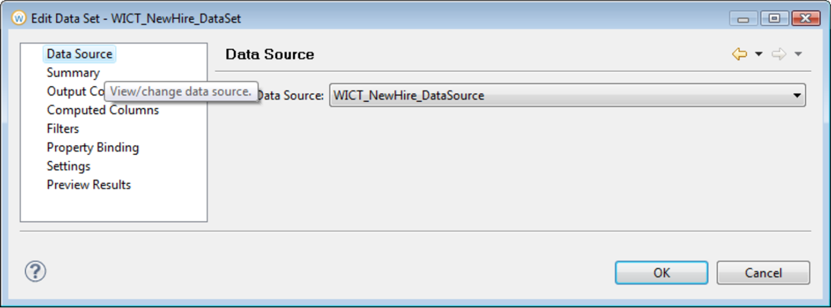 Screenshot of the Edit Data Set window, with the Output Columns option displayed.
