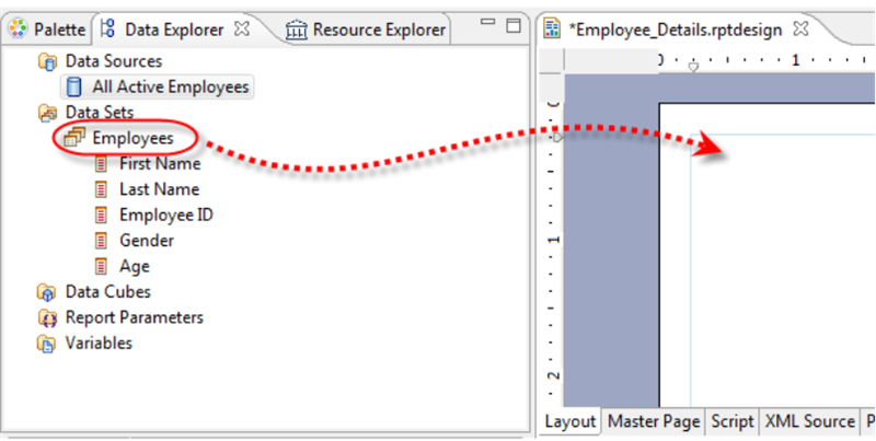 A screenshot of the Data Explorer view, with the Employee Details report design window on the right.