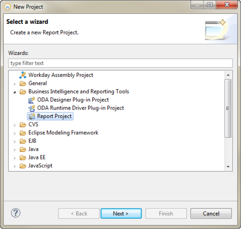 Screenshot of the Report Project option in the New Project wizard.