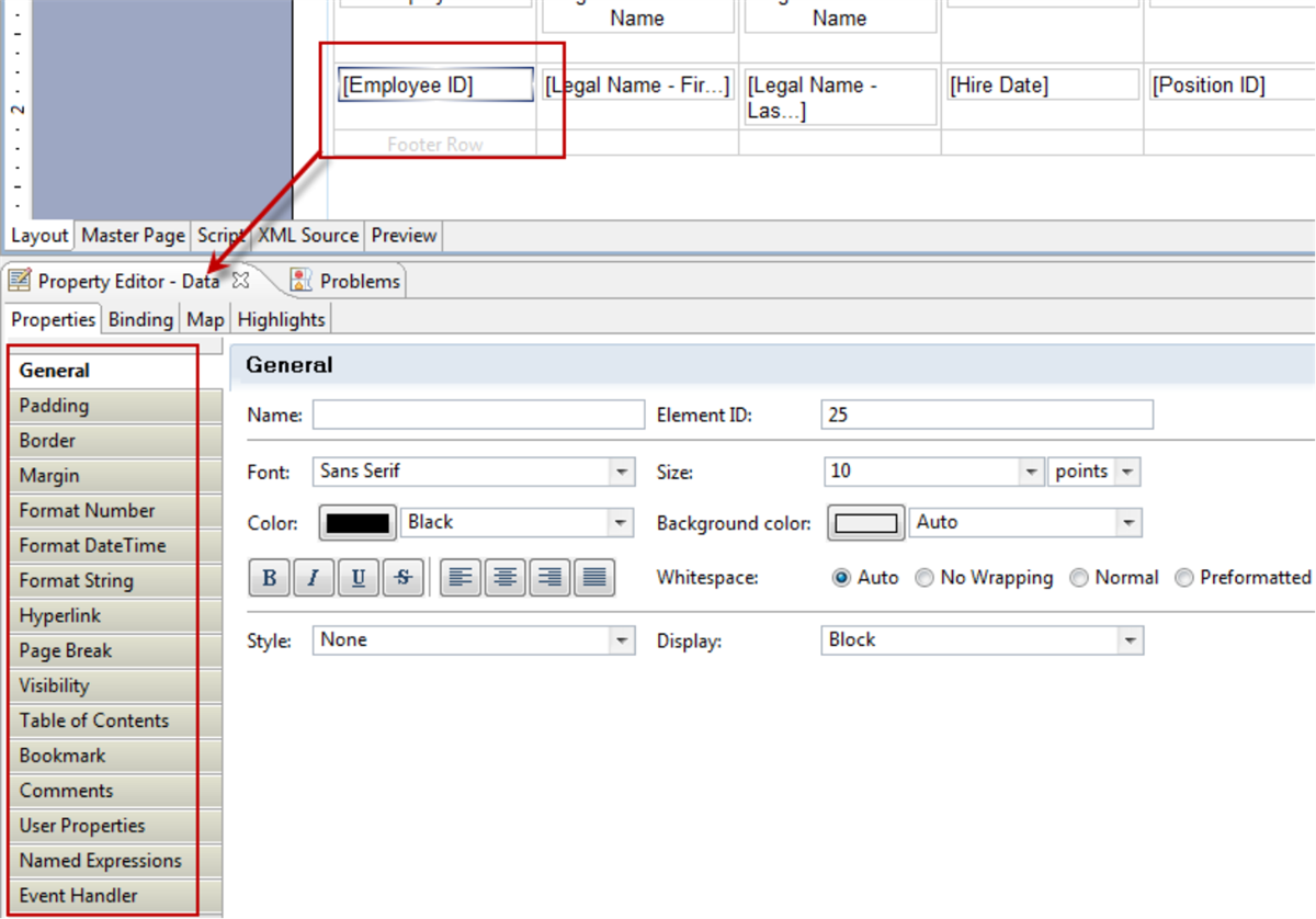 Screenshot of the Property Editor - Data tab, including options such as padding, border, margin, and bookmark.