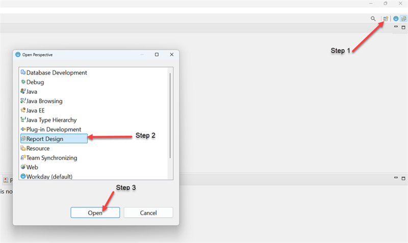 Screenshot showing the steps to open the Report Design Perspective, as described in the preceding text.