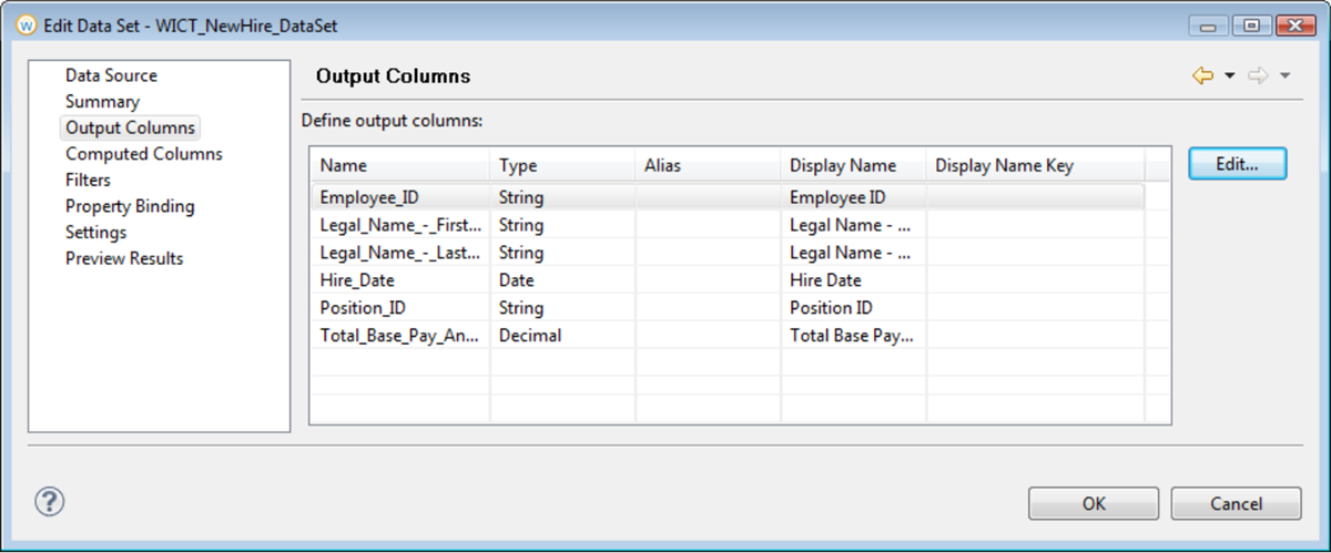 Screenshot of the Edit Data Set window with the Output Columns option selected.