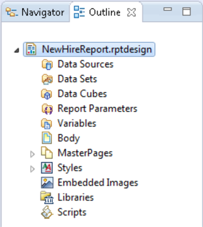 Screenshot of the Outline view for the new hire report design.