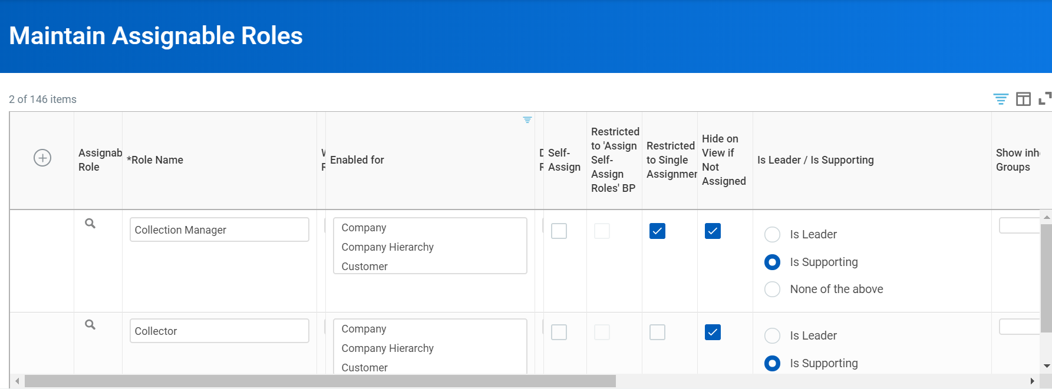 The "Maintain Assignable Roles" grid displays setup configurations and supporting rule designations for the Collection Manager and Collector.