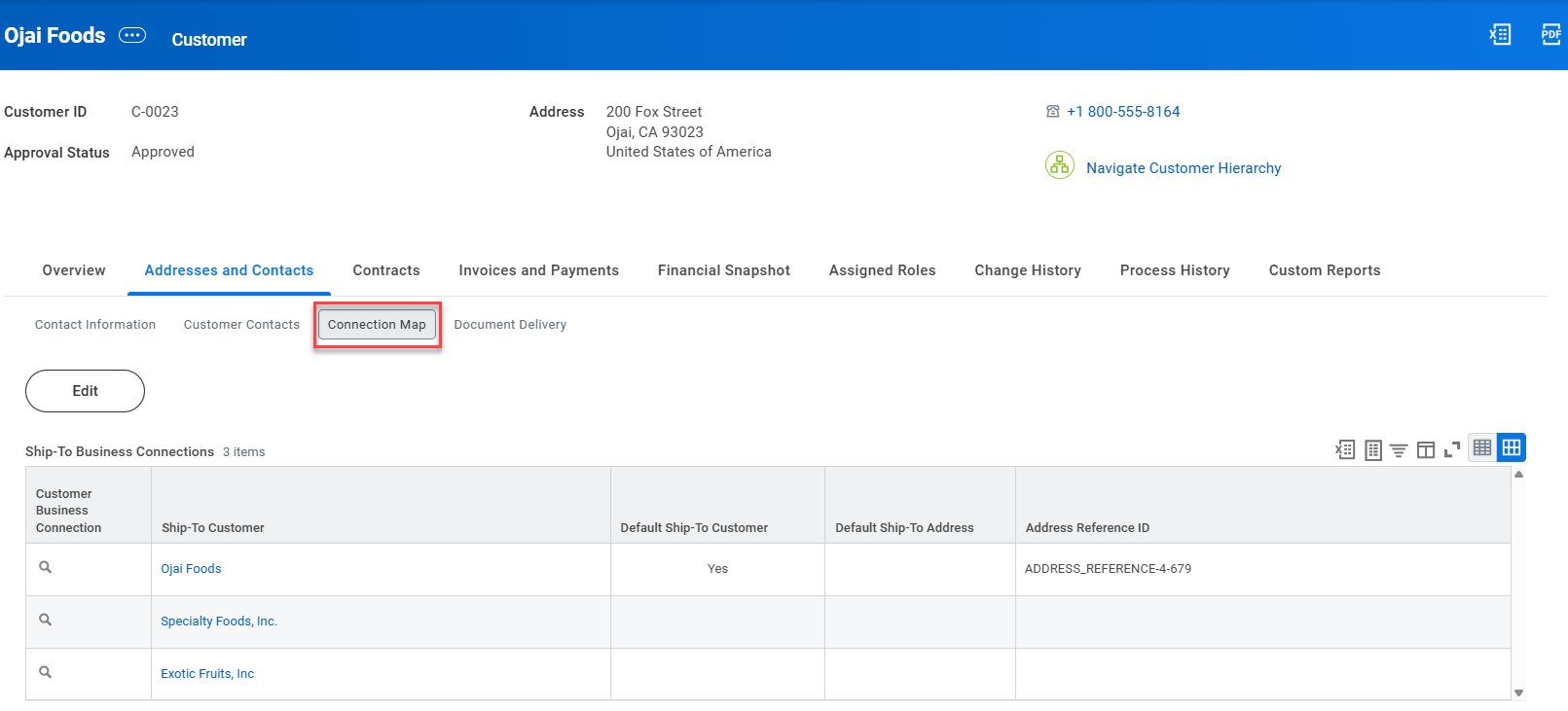 A box highlights the "Connection Map" tab on a customer profile page above a business connections table.